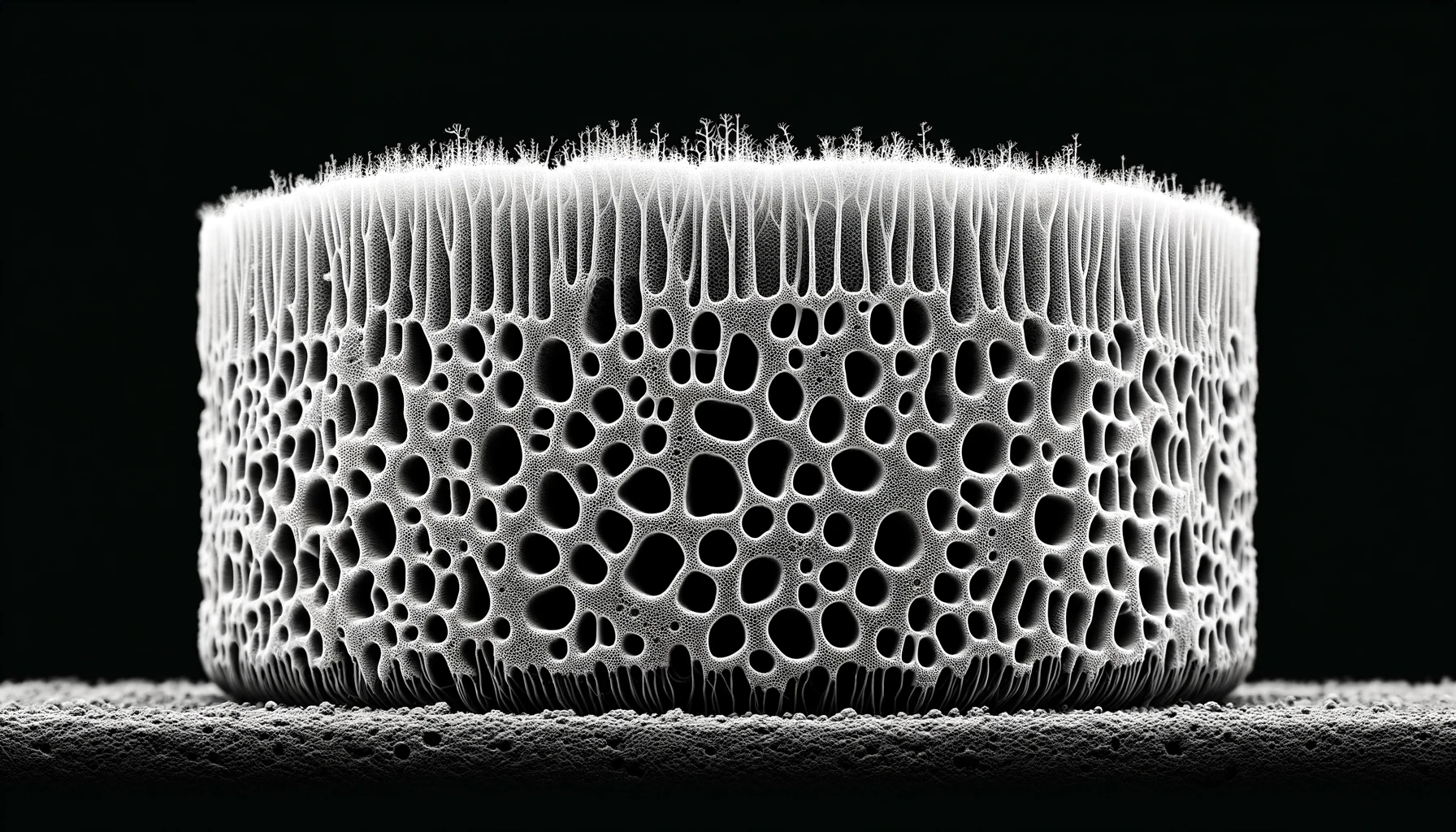 DALL·E 2024-02-08 21.42.17 - Create a black and white wide image that resembles a cross-section of a sponge, but depicts an extremely thin, flat vertical slice of soil focusing on.webp